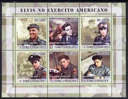 St Thomas & Prince Islands 2008 Elvis in the Army perf sheetlet containing 6 values unmounted mint, stamps on , stamps on  stamps on personalities, stamps on  stamps on music, stamps on  stamps on pops, stamps on  stamps on elvis, stamps on  stamps on movies, stamps on  stamps on militaria
