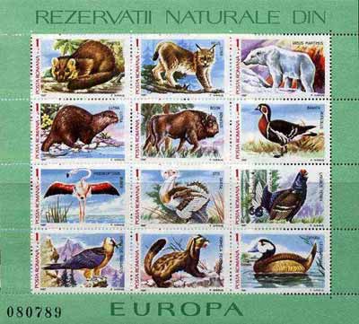 Rumania 1987 Europa (Animals & Birds), sheetlet containing 12 values unmounted mint Mi BL 236, stamps on animals   birds   europa     goose    flamingo    bustard    grouse    lammergeier   duck    pine marten    lynx   cats    polar bear     beaver    bison    bovine