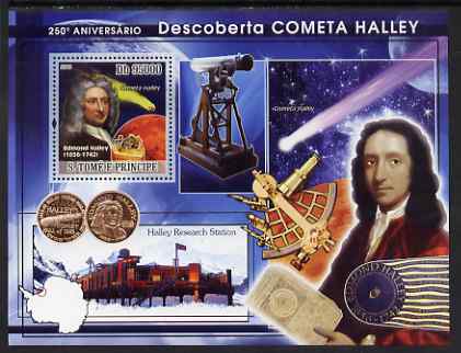 St Thomas & Prince Islands 2008 250th Anniversary of Discovery of Halleys Comet perf s/sheet containing 1 value unmounted mint, stamps on comets, stamps on space, stamps on astronomy, stamps on telescopes