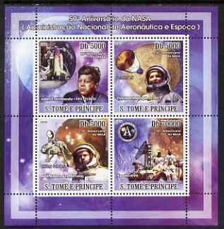 St Thomas & Prince Islands 2008 50th Anniversary of NASA perf sheetlet containing 4 values unmounted mint, stamps on , stamps on  stamps on space, stamps on  stamps on shuttle, stamps on  stamps on kennedy, stamps on  stamps on 