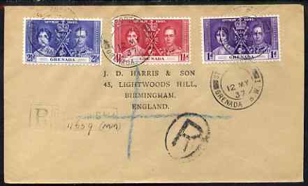 Grenada 1937 KG6 Coronation set of 3 on reg cover with first day cancel addressed to the forger, J D Harris.  Harris was imprisoned for 9 months after Robson Lowe exposed..., stamps on , stamps on  kg6 , stamps on forgery, stamps on forger, stamps on forgeries, stamps on coronation