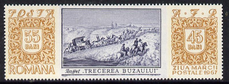 Rumania 1967 Stamp Day (Lithograph) unmounted mint, SG 3530, Mi 2634, stamps on arts, stamps on postal, stamps on mail coaches, stamps on horses