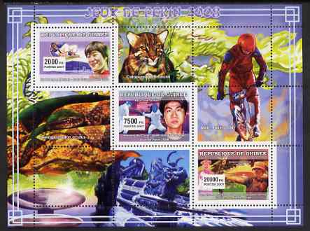 Guinea - Conakry 2007 Sports - 2008 Beijing Olympic Games perf sheetlet #3 containing 3 values unmounted mint Yv 2882-84, stamps on sport, stamps on olympics, stamps on judo, stamps on fencing, stamps on martial arts, stamps on archery, stamps on bicycles, stamps on snakes