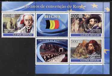 Guinea - Bissau 2008 Europa - 50 Years of Treaty of Rome - Belgium part sheetlet containing 3 values & 2 labels unmounted mint (note the original sheet consisted of 4 stamp but one had to be removed to avoid copyright violation), stamps on , stamps on  stamps on europa, stamps on  stamps on personalities, stamps on  stamps on flags, stamps on  stamps on arts, stamps on  stamps on rubens, stamps on  stamps on brueghel, stamps on  stamps on masonics, stamps on  stamps on nobel, stamps on  stamps on masonry