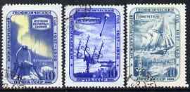 Russia 1958 International Geophysical Year perf ser of 3 fine cds used SG 2095a-c, stamps on , stamps on  stamps on ships, stamps on  stamps on weather, stamps on  stamps on balloons, stamps on  stamps on science, stamps on  stamps on radar, stamps on  stamps on cameras, stamps on  stamps on photography