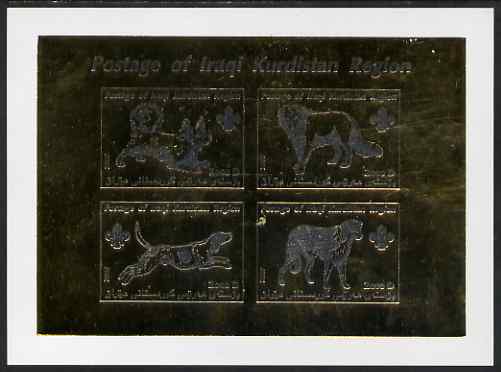 Iraqi Kurdistan Region 2007 Dogs silver on gold imperf deluxe card containing 4 values each with Scout Logo, stamps on dogs, stamps on scouts