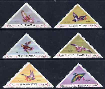 Croatia 1951 Birds triangular perf set of 6 surcharged +5k in red with surcharge inverted on all values, unmounted mint, stamps on , stamps on  stamps on birds     triangulars