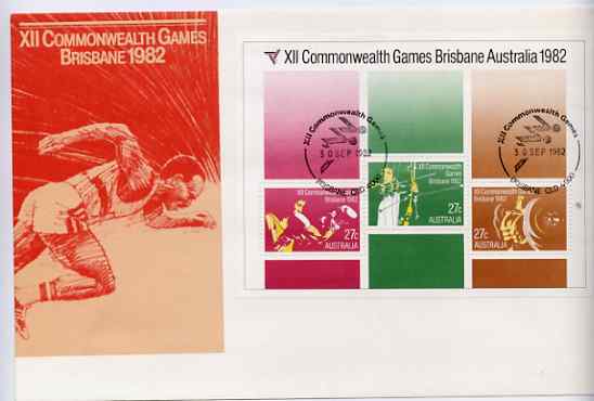 Australia 1982 Commonwealth Games m/sheet on illustrated cover with first day cancels , stamps on , stamps on  stamps on sport, stamps on  stamps on athletics, stamps on  stamps on archery, stamps on  stamps on boxing, stamps on  stamps on weightlifting, stamps on  stamps on weights, stamps on  stamps on running