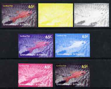 St Vincent - Grenadines 1987 Marine Life 65c Cardinal Fish - the set of 7 imperf progressive proofs comprising the 4 individual colours plus 2, 3 & all 4-colour composite..., stamps on marine life, stamps on fish