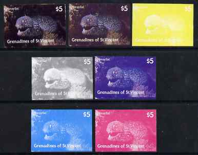 St Vincent - Grenadines 1987 Marine Life $5 Spotted Moray Eel - the set of 7 imperf progressive proofs comprising the 4 individual colours plus 2, 3 & all 4-colour compos..., stamps on marine life, stamps on fish