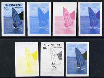 St Vincent 1988 Tourism 10c Windsurfing - the set of 7 imperf progressive proofs comprising the 4 individual colours plus 2, 3 & all 4-colour composites, unmounted mint, as SG 1133, stamps on tourism, stamps on sport