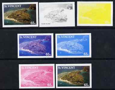 St Vincent 1988 Tourism 65c Aerial View of Young Island - the set of 7 imperf progressive proofs comprising the 4 individual colours plus 2, 3 & all 4-colour composites, unmounted mint, as SG 1135, stamps on tourism, stamps on 