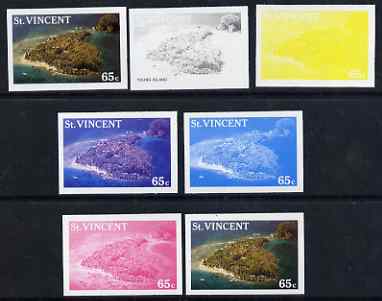 St Vincent 1988 Tourism 65c Aerial View of Young Island - the set of 7 imperf progressive proofs comprising the 4 individual colours plus 2, 3 & all 4-colour composites, ..., stamps on tourism, stamps on 