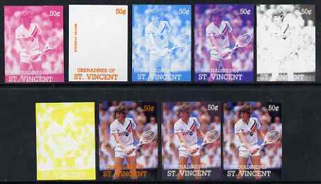 St Vincent - Grenadines 1988 International Tennis Players 50c Kevin Curran - the set of 9 imperf progressive proofs comprising the 5 individual colours plus 2, 3, 4 & all..., stamps on personalities, stamps on tennis, stamps on sport