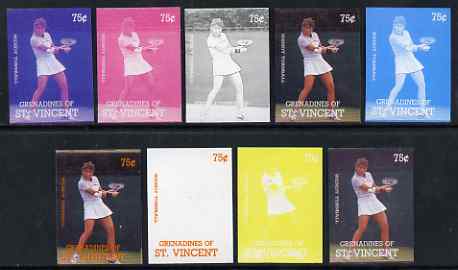 St Vincent - Grenadines 1988 International Tennis Players 75c Wendy Turnbull - the set of 9 imperf progressive proofs comprising the 5 individual colours plus 2, 3, 4 & all 5-colour composites, unmounted mint, as SG 584, stamps on , stamps on  stamps on personalities, stamps on  stamps on tennis, stamps on  stamps on sport