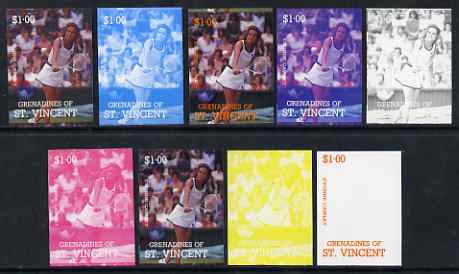 St Vincent - Grenadines 1988 International Tennis Players $1 Evonne Cawley - the set of 9 imperf progressive proofs comprising the 5 individual colours plus 2, 3, 4 & all..., stamps on personalities, stamps on tennis, stamps on sport