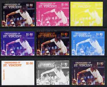 St Vincent - Grenadines 1988 International Tennis Players $1.50 Ilie Nastase - the set of 9 imperf progressive proofs comprising the 5 individual colours plus 2, 3, 4 & a..., stamps on personalities, stamps on tennis, stamps on sport