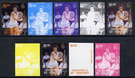 St Vincent - Grenadines 1988 International Tennis Players $2 Billie Jean King - the set of 9 imperf progressive proofs comprising the 5 individual colours plus 2, 3, 4 & ..., stamps on personalities, stamps on tennis, stamps on sport