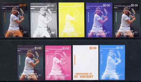 St Vincent - Grenadines 1988 International Tennis Players $3 Bjorn Borg - the set of 9 imperf progressive proofs comprising the 5 individual colours plus 2, 3, 4 & all 5-..., stamps on personalities, stamps on tennis, stamps on sport