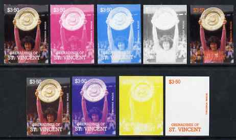 St Vincent - Grenadines 1988 International Tennis Players $3.50 Virginia Wade - the set of 9 imperf progressive proofs comprising the 5 individual colours plus 2, 3, 4 & all 5-colour composites, unmounted mint, as SG 589, stamps on personalities, stamps on tennis, stamps on sport