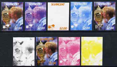 St Vincent 1987 International Tennis Players $2 Boris Becker - the set of 9 imperf progressive proofs comprising the 5 individual colours plus 2, 3, 4 & all 5-colour comp..., stamps on personalities, stamps on tennis, stamps on sport