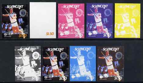 St Vincent 1987 International Tennis Players $1.50 John McEnroe - the set of 9 imperf progressive proofs comprising the 5 individual colours plus 2, 3, 4 & all 5-colour composites, unmounted mint, as SG 1062, stamps on personalities, stamps on tennis, stamps on sport