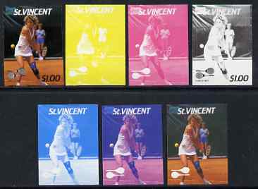 St Vincent 1987 International Tennis Players $1 Chris Evert - the set of 7 imperf progressive proofs comprising the 4 individual colours plus 2, 3 & all 4-colour composit..., stamps on personalities, stamps on tennis, stamps on sport