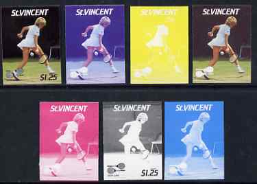 St Vincent 1987 International Tennis Players $1.25 Steffi Graf - the set of 7 imperf progressive proofs comprising the 4 individual colours plus 2, 3 & all 4-colour composites, unmounted mint, as SG 1061, stamps on , stamps on  stamps on personalities, stamps on  stamps on tennis, stamps on  stamps on sport