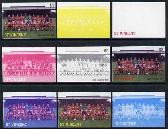 St Vincent 1987 English Football teams $2 Arsenal - the set of 9 imperf progressive proofs comprising the 5 individual colours plus 2, 3, 4 & all 5-colour composites, unm..., stamps on personalities, stamps on football, stamps on sport