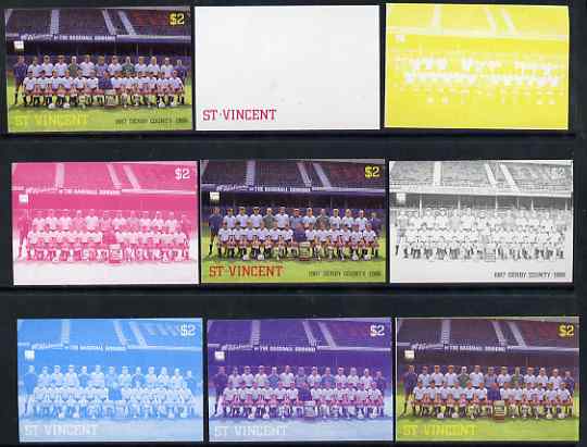 St Vincent 1987 English Football teams $2 Derby County - the set of 9 imperf progressive proofs comprising the 5 individual colours plus 2, 3, 4 & all 5-colour composites, unmounted mint, as SG 1095, stamps on personalities, stamps on football, stamps on sport