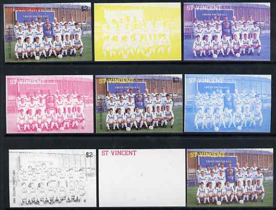 St Vincent 1987 English Football teams $2 Leeds United - the set of 9 imperf progressive proofs comprising the 5 individual colours plus 2, 3, 4 & all 5-colour composites, unmounted mint, as SG 1097, stamps on , stamps on  stamps on personalities, stamps on  stamps on football, stamps on  stamps on sport