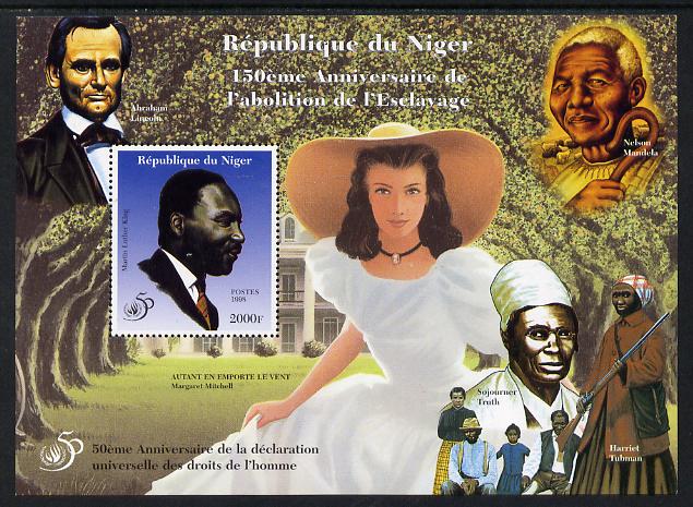 Niger Republic 1998 50th Anniversary of Declaration of Human Rights perf souvenir sheet unmounted mint. Note this item is privately produced and is offered purely on its thematic appeal, stamps on , stamps on  stamps on human rights, stamps on  stamps on lincoln, stamps on  stamps on usa presidents, stamps on  stamps on luther king, stamps on  stamps on mandela