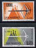 San Marino 1965 Express Letter surcharge set of 2 unmounted mint, SG E783-84, stamps on sport, stamps on archery
