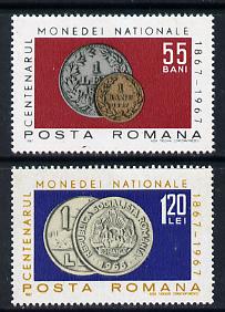 Rumania 1967 Centenary of Monetary System set of 2 unmounted mint, SG 3463-64, Mi 2589-90, stamps on coins, stamps on finance
