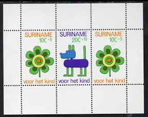 Surinam 1973 Child Welfare m/sheet (featuring stylised flower & dog) unmounted mint, SG MS761, stamps on dogs, stamps on flowers