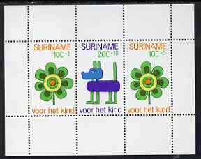 Surinam 1973 Child Welfare m/sheet (featuring stylised flower & dog) unmounted mint, SG MS761, stamps on , stamps on  stamps on dogs, stamps on  stamps on flowers