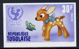 Togo 1971 Toy Bambi and Butterfly 30f IMPERF from UNICEF set, unmounted mint as SG 849, stamps on animals, stamps on children, stamps on unicef, stamps on united-nations    toys