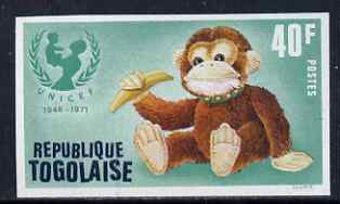 Togo 1971 Toy Monkey 40f IMPERF from UNICEF set, unmounted mint as SG 850, stamps on , stamps on  stamps on animals, stamps on  stamps on children, stamps on  stamps on unicef, stamps on  stamps on united-nations    toys