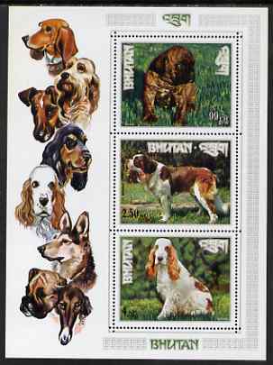 Bhutan 1972 International dogs perf miniature sheet of three values (99ch, 2.50nu, 4nu)) unmounted mint, Mi Bl 55A, stamps on , stamps on  stamps on dogs, stamps on  stamps on boxer, stamps on  stamps on st bernard, stamps on  stamps on spaniel