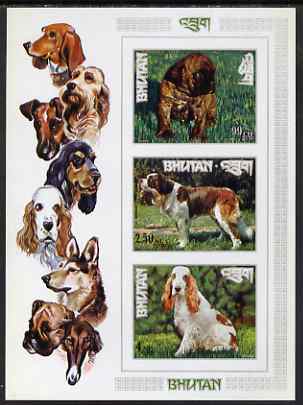 Bhutan 1972 International dogs IMPERF miniature sheet of three values (99ch, 2.50nu, 4nu)) unmounted mint, Mi Bl 55B, stamps on , stamps on  stamps on dogs, stamps on  stamps on boxer, stamps on  stamps on st bernard, stamps on  stamps on spaniel