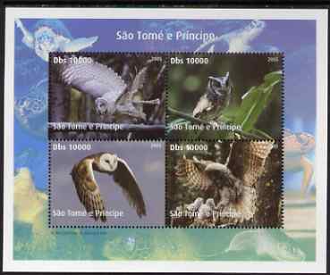 St Thomas & Prince Islands 2005 Owls perf sheetlet containing 4 values unmounted mint. Note this item is privately produced and is offered purely on its thematic appeal , stamps on , stamps on  stamps on birds, stamps on  stamps on birds of prey, stamps on  stamps on owls, stamps on  stamps on turtles