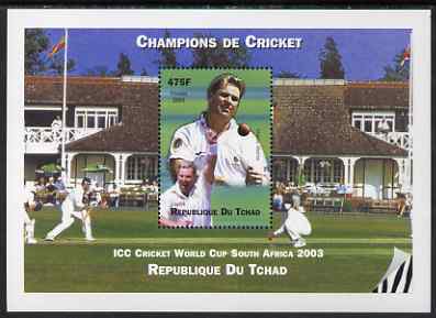 Chad 2002 Cricket World Cup perf m/sheet #2 showing Shane Warne unmounted mint. Note this item is privately produced and is offered purely on its thematic appeal. , stamps on , stamps on  stamps on personalities, stamps on  stamps on sport, stamps on  stamps on cricket