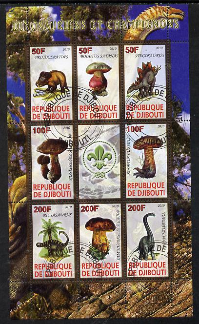 Djibouti 2010 Dinosaurs & Mushrooms #2 perf sheetlet containing 8 values plus label with Scout logo fine cto used, stamps on dinosaurs, stamps on fungi, stamps on scouts