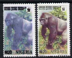 Nigeria 2008 WWF - Gorilla N20 perf essay trial with an overal bluish colour, very thick lettering and without imprint complete with normal for comparison, unmounted mint but some ink offset.  Very few produced, stamps on , stamps on  stamps on animals, stamps on  stamps on  wwf , stamps on  stamps on apes