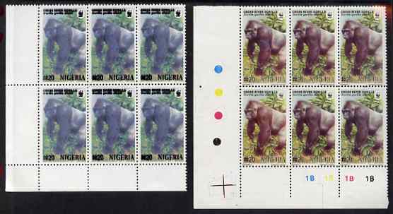 Nigeria 2008 WWF - Gorilla N20 perf essay trial with an overal bluish colour, very thick lettering and without imprint , the lower left corner block of 6 without cylinder numbers or check dots complete with normal cyl block, unmounted mint but some ink offset.  , stamps on , stamps on  stamps on animals, stamps on  stamps on  wwf , stamps on  stamps on apes