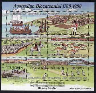 Tonga - Niuafo'ou 1988 Australian Bicentenary composite perf proof sheet containing 12 values each overprinted SPECIMEN, unmounted mint as SG MS 107, stamps on cricket, stamps on medical, stamps on music, stamps on bridges, stamps on railways, stamps on sheep, stamps on animals, stamps on ovine, stamps on ships, stamps on militaria, stamps on aviation, stamps on land rovers