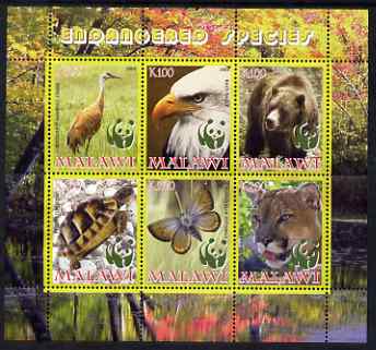 Malawi 2008 WWF - endangered Species perf sheetlet containing 6 values unmounted mint, stamps on animals, stamps on  wwf , stamps on eagles, stamps on lions, stamps on panthers, stamps on birds of prey, stamps on pandas, stamps on beras, stamps on birds, stamps on tortoises, stamps on 