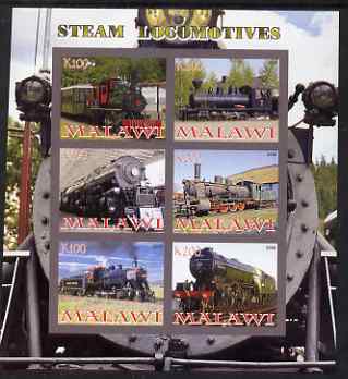 Malawi 2008 Steam Locomotives imperf sheetlet containing 6 values, unmounted mint, stamps on railways