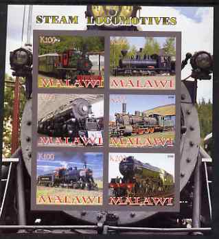 Malawi 2008 Steam Locomotives imperf sheetlet containing 6 values, unmounted mint, stamps on , stamps on  stamps on railways