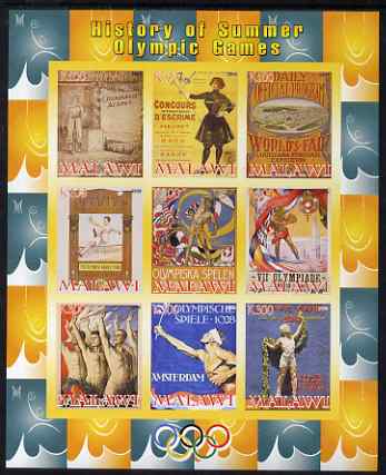 Malawi 2008 History of the Summer Olympics #1 1896-1932  imperf sheetlet containing 9 values, unmounted mint, stamps on , stamps on  stamps on olympics, stamps on  stamps on high jump